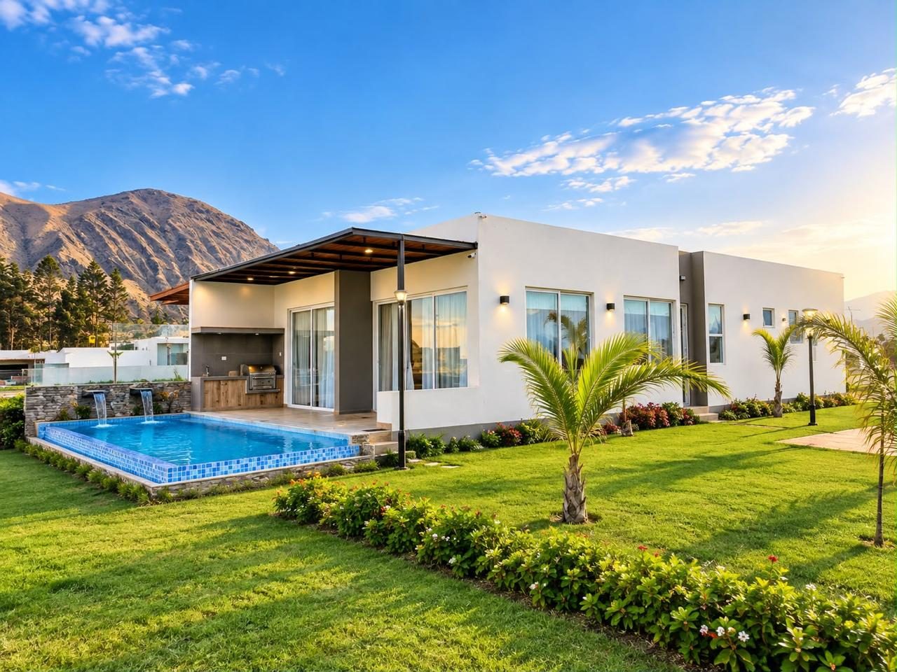 Casa de playa en Asia con piscina, terraza techada y jardín
